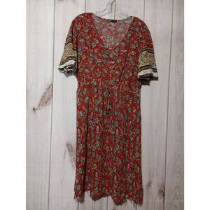Pretty Garden Dress Ladies Extra Large Red Floral Bohemian Distressed Bottom Hem
